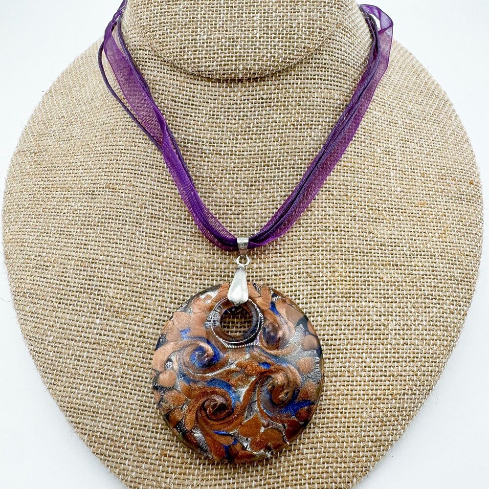 Vintage Murano Blue Glass Swirl Pendant 18K Gold Foil with 18 KGP Boho Retro